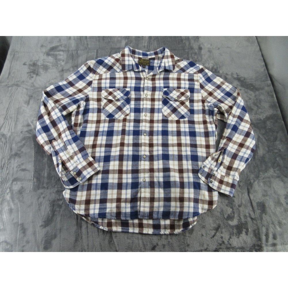 Lucky Brand Mens Button Down Regular Blue Brown Plaid Western Snap Shirt XL
